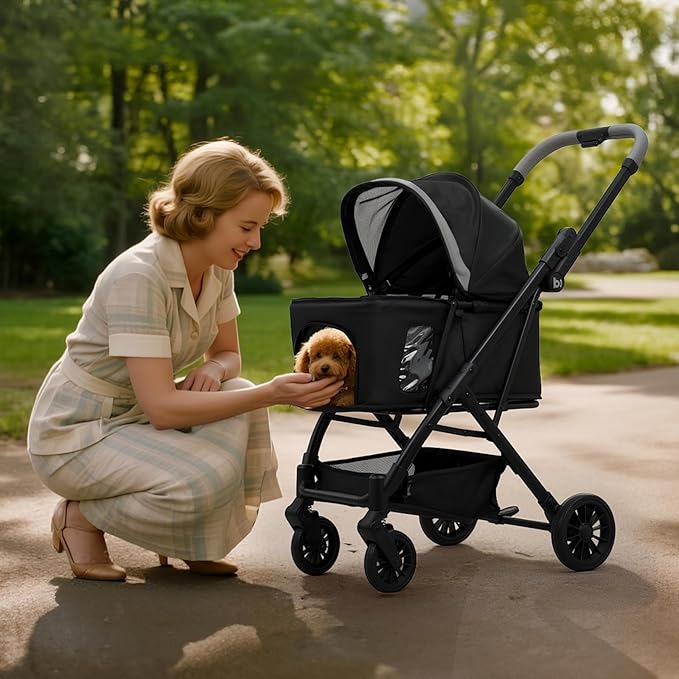 Lightweight Dog Stroller for Small Dogs & Cats Portable Compact Folded Pet Stroller Up to 35lbs Medium Pets One Click Folding Large Cat Carriage with Convertible Canopy Storage Basket - Black
