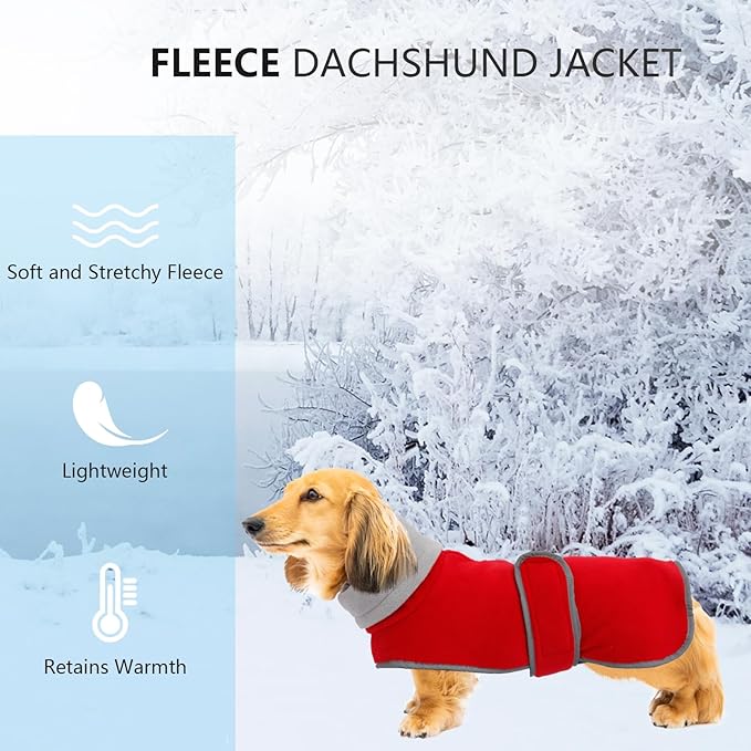 Geyecete Dachshund Sweaters - Dachshund Coat Perfect Dog Winter Jacket with Padded Fleece Lining and High Collar, Snowsuit with Adjustable Bands - Red, XL