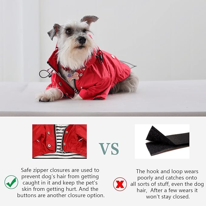 Morezi Dog Zip Up Raincoat with Reflective, Rain/Water Resistant, Adjustable Drawstring, Removable Hood, Raincoats with Legs 8lbs to 80lbs Available - Red - XS