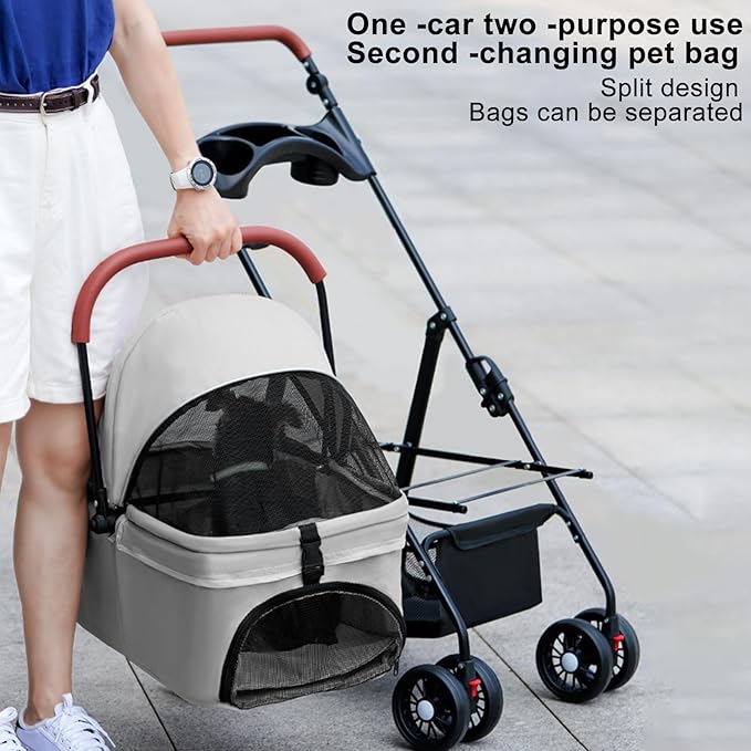 Pet Stroller Pram Dog Carrier Trailer 4 Wheels Foldable Dog with Storage Basket,Holds up to 44 lbs,Adjustable Handle,Folding Travel Stroller Suitable for Traveling with Cats and Dogs (Grey)