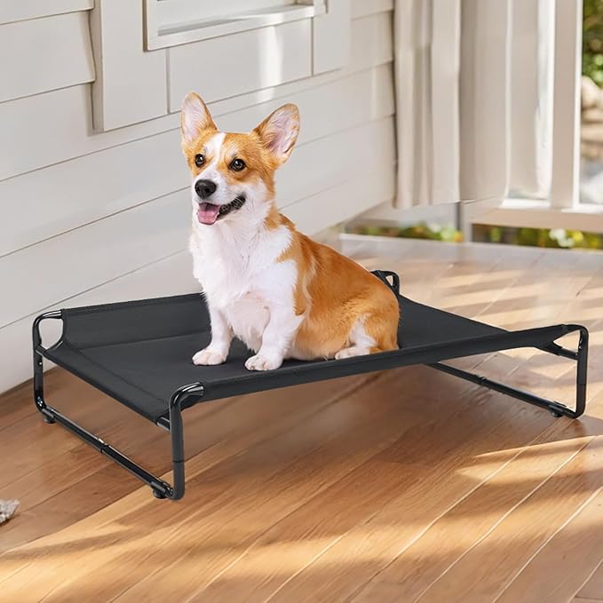 Veehoo Original Outdoor Elevated Dog Bed, Cooling Raised Dog Cot for Medium Dogs, Portable Standing Pet Hammock Platform with Washable Breathable Mesh, No-Slip Feet, Medium, Black, CWC2201