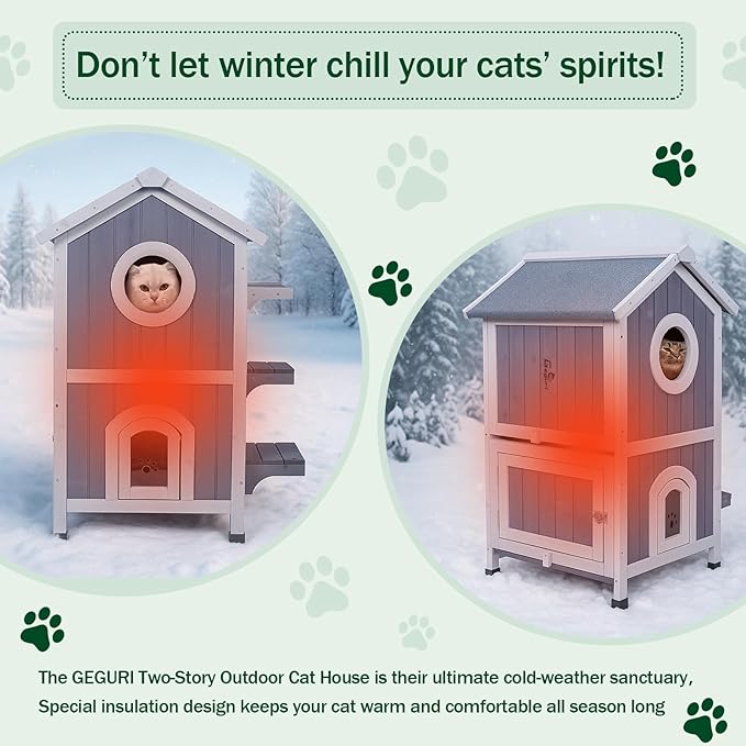 GEGURI Outdoor Cat House Winter-Proof, Two-Story Insulated Cat Shelter for Feral Cats with Thermal Layer, Removable Roof, Balcony & Escape Door, Weatherproof & Warm Shelter for Cats