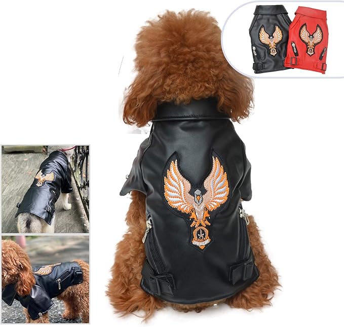 Lovelonglong Cool Dog Leather Jacket, Warm Coats Dogs Windproof Cold Weather Coats for Large Medium Small Dogs with Eagle Embroidery Black XXL