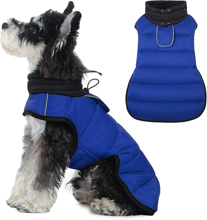 IDOMIK Dog Winter Coat, Warm Waterproof Dog Puffer Jacket with Harness Hole, Adjustable Reflective Snow Jacket Vest with Turtleneck, Pet Cold Weather Coats for Small Dogs,Blue,S