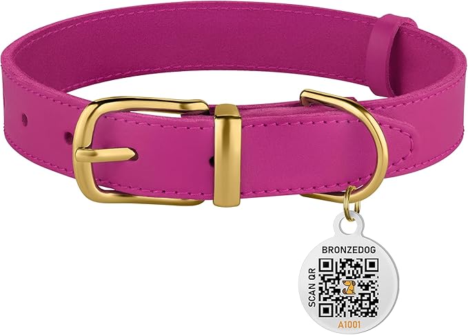 BRONZEDOG Leather Dog Collar with QR ID Tag Basic Pet Collars for Small Mini Dogs Cats Puppies (7-9 Inch (Pack of 1), Pink & Gold Buckle)