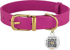 BRONZEDOG Leather Dog Collar with QR ID Tag Basic Pet Collars for Small Mini Dogs Cats Puppies (7-9 Inch (Pack of 1), Pink & Gold Buckle)
