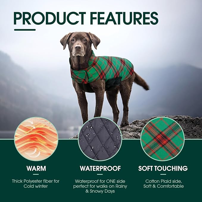Kuoser Warm Dog Coat, Waterproof Dog Jacket for Extra Large Dogs, Adjustable Durable XL Doggie Winter Coat Reversible Cozy Puppy Cold Weather Apparel from Small to Large Breed, Christmas Green XL