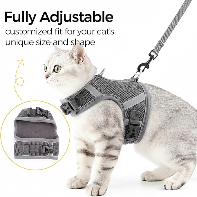 Cat Harness and Leash Escape Proof Kitten Harness Cat Leash for Walking Travel Service Cat Vest, Grey, XX-Large