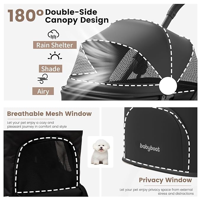 Lightweight Dog Stroller for Small Dogs & Cats Portable Compact Folded Pet Stroller Up to 35lbs Medium Pets One Click Folding Large Cat Carriage with Convertible Canopy Storage Basket - Black