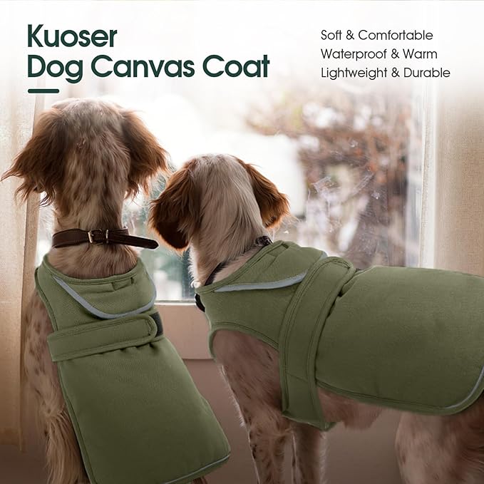 Kuoser Canvas Dog Coat, Warm Dog Jacket Reflective Fleece Pet Cold Weather Coat, Warm Doggie Clothes Waterproof Winter Vest with Zipper Leash Hole for Small Medium Large Dogs, Army Green 3XL