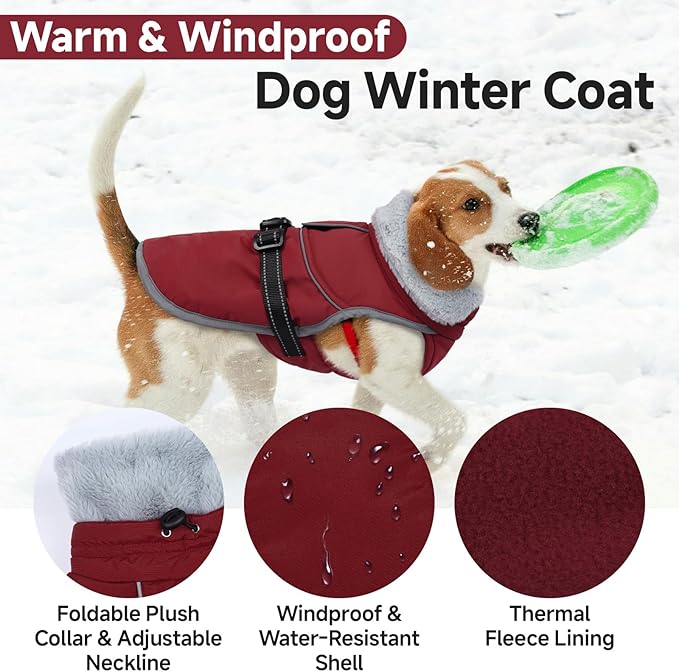 Lelepet Warm Dog Winter Coat Reflective Dog Jacket Fleece Vest Waterproof Windproof Cold Weather Coats with Adjustable Buckle Plush Turtleneck Pet Snowsuit for Small Medium Large Dogs,Pitbull,Lab,XL