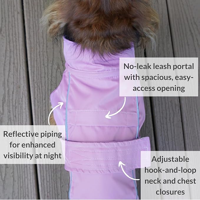 DJANGO Dog Jacket & Raincoat – Lightweight Water-Resistant Coat for Small, Medium, Long Dogs, Dachshunds – Reflective, Adjustable Fit, Harness-Compatible, Easy-Access Harness Hole - Lilac Purple Small