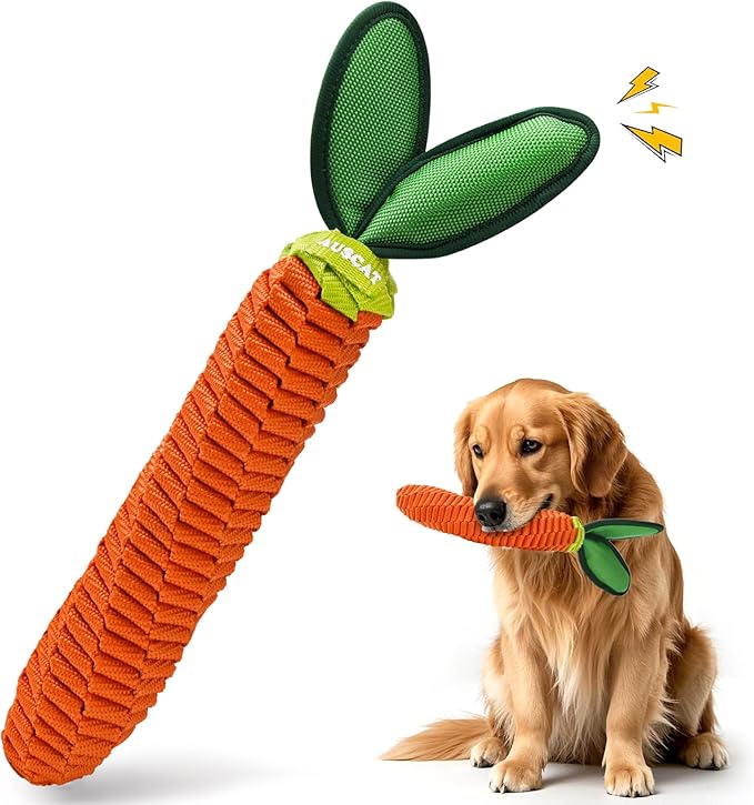 AUSCAT Carrot Dog Rope Toy, Durable Tug of War Toy with Squeaker, Braided Teething Toys for Small Medium Large Dogs
