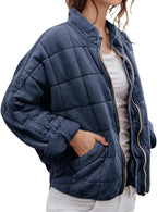 LIZALIG Warm Padded Coat for Women Full Zip Quilted Jackets Winter Oversized Causal Solid Color Stand Collar Pockets Coat