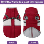 SUNFURA Dog Jacket, Large Dog Coat with Harness Built in, Warm Pet Winter Jacket Zippered Snow Coat with Furry Collar, Waterproof Fleece Snowsuit for French Bulldog, Burgundy L