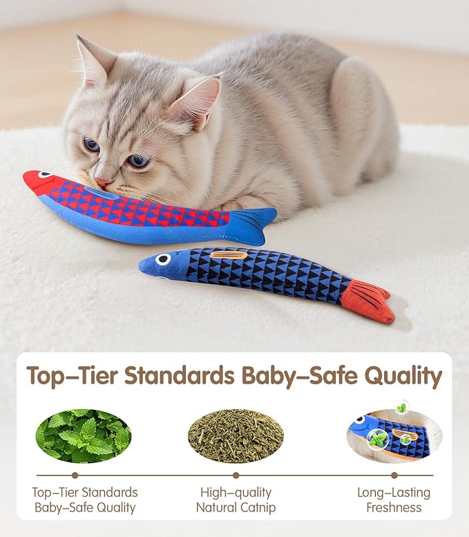 Interactive Cat Toys with [5000mg A+ Natural Catnip &Silvervine] [Baby Grade] Soft Chew Kicker Cat Toys for Indoor Cats & Kittens, Crinkle &Bell Fish Sound Toy, Drives Bored Cats Crazy with Fun,2 Pack