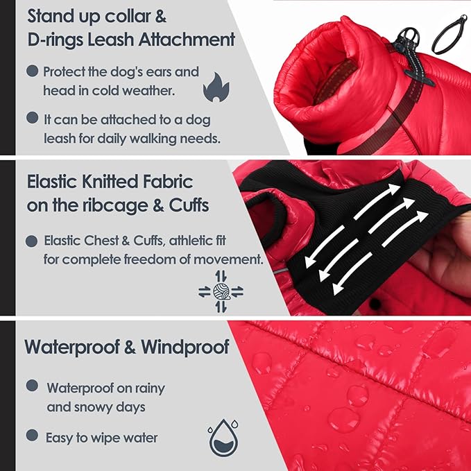 AOFITEE Dog Coat, Waterproof Dog Winter Jacket, Warm Fullbody Small Dogs Snowsuit, Winter Coat for Small Dogs, Zip Up Pet Puffer Jacket Fleece Vest, Outdoor Reflective Pet Snow Jackets, Christmas Red