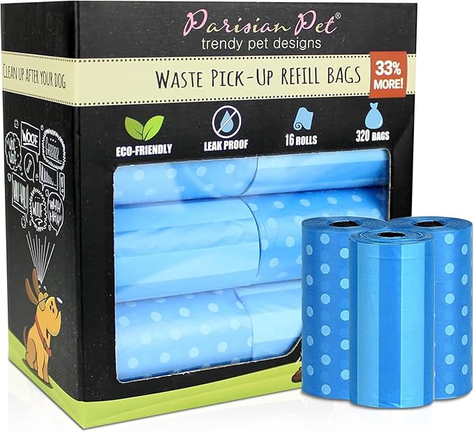 Parisian Pet Ecofriendly Dog Poop Bags Rolls - 320 Count Unscented Poop Bags For Dogs - Leakproof, Extra Thick, 16 Dog Waste Bags Refill Rolls - Stripes Dots Blue Doggie Poop Bags
