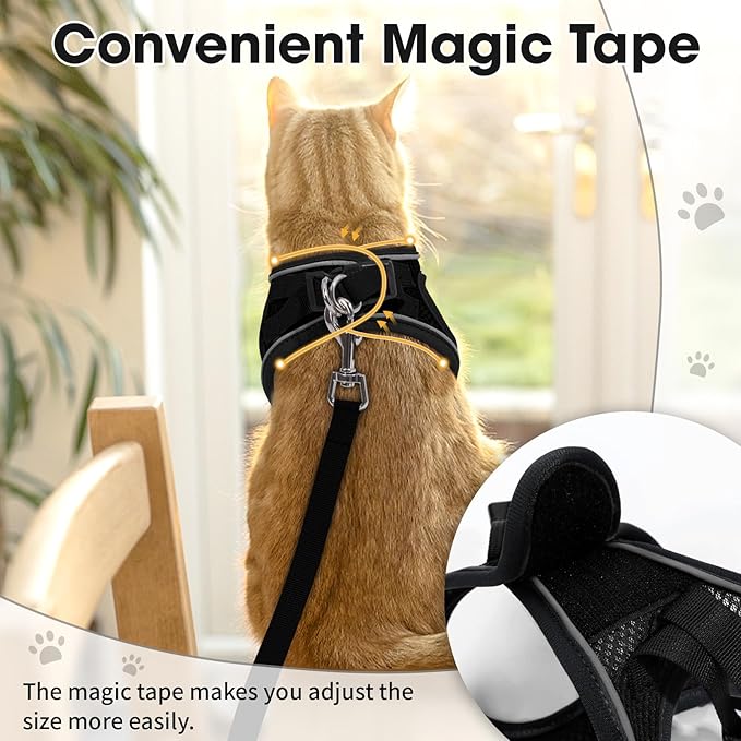 Cat Harness and Leash Set for Walking Escape Proof, Soft Adjustable Kitten Harness Breathable Mesh with Reflective Strips Harness for Kitty Puppy Bunny (Black, Large)