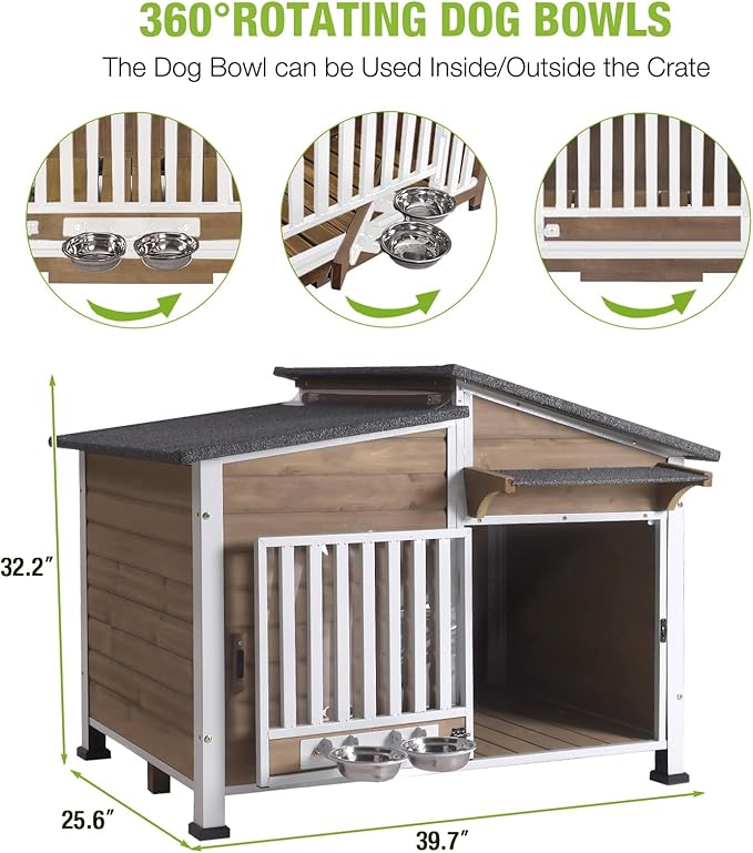 Dog House Outdoor for Large Breed with Anti-Chewing Iron Frame, Weatherproof Puppy Kennel with 360° Rotating Bowls, Dog Crate for Small & Medium Dogs Outside (Light Brown)