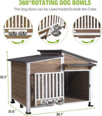 Dog House Outdoor for Large Breed with Anti-Chewing Iron Frame, Weatherproof Puppy Kennel with 360° Rotating Bowls, Dog Crate for Small & Medium Dogs Outside (Light Brown)
