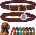 BronzeDog Rolled Leather Dog Collar with QR ID Tag, Adjustable Soft Round Collars for Small Medium Large Dogs Puppy (7" - 10" Neck Size, Burgundy)