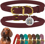 BronzeDog Rolled Leather Dog Collar with QR ID Tag, Adjustable Soft Round Collars for Small Medium Large Dogs Puppy (7" - 10" Neck Size, Burgundy)