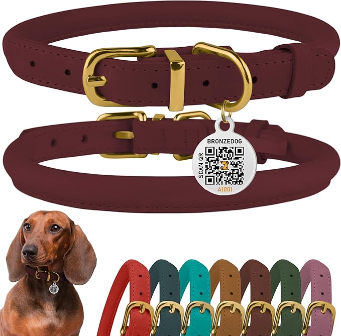 BronzeDog Rolled Leather Dog Collar with QR ID Tag, Adjustable Soft Round Collars for Small Medium Large Dogs Puppy (16" - 19" Neck Size, Burgundy)