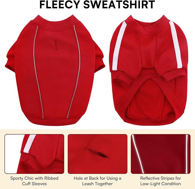 Queenmore XL Christmas Dog Sweater, Cozy Fleece Dog Sweatshirt, Warm Winter Fleece Jacket for Small, Medium & Large Dogs with Leash Hole/Reflective Stripes Red