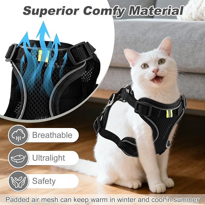 Kitten Cat Harness and Leash Set, Escape Proof Soft 4-Adjustable Cat Walking Vest Harness, Reflective Strips in Harness for Kitty Puppy Bunny Car Travel, with Car Seatbelt Leash (Black, XXS)