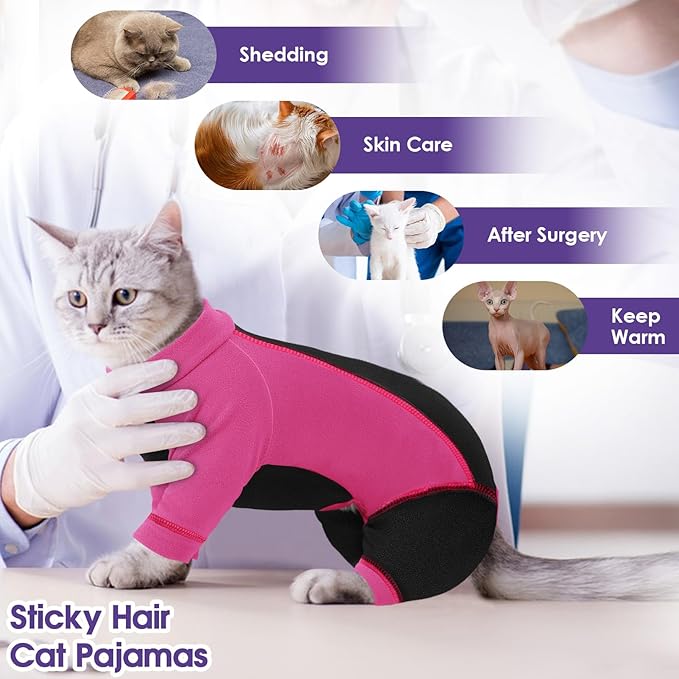 SUNFURA Hair Sticky Cat Clothes, Cat Sweater for Cats Only, 4-Legged Fleece Sweaters Kitten Pajamas Reduce Shedding Fur, Warm Pullover Shirts for Cats, Pink M