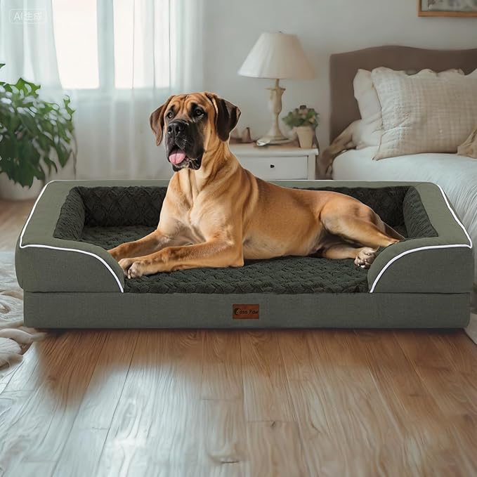 Orthopedic XXL Dog Beds, Waterproof Memory Foam Big Pet Bed for Extra Large Sized Dogs 53x42Inch, Non-Slip Bottom and Egg-Crate Foam Dog Couch Bed with Washable Removable Cover, Dark Green