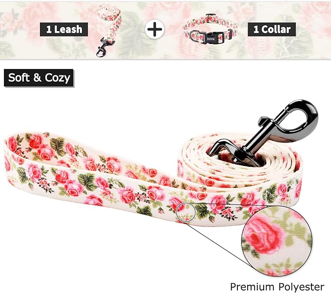 Ihoming Dog Collar and Leash Set for Daily Outdoor Walking Running Training, Pink Flowers Design for Large Boys Girls Dogs Cats Pets, L-Up to 80LBS