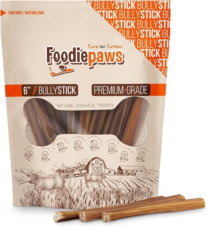 FOODIEPAWS 6 Inch Jumbo Bully Sticks for Dogs, 10 Pack | All Natural, Grass-Fed Beef | Extra Thick, Rawhide-Free & Fully Digestible Chews | Odor-Free, Long Lasting Dog Treats for Medium & Large Breeds