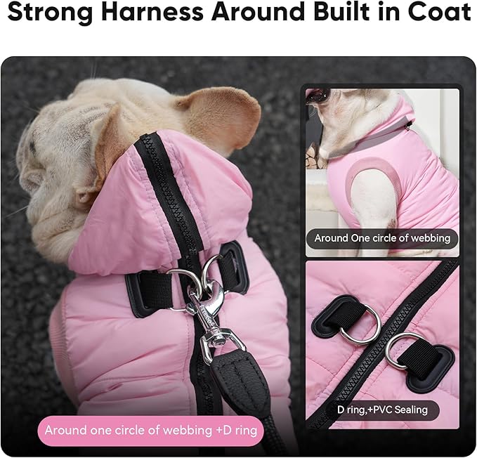 Fleece Lining Dog Hoodie with Harness Built in,Extra Warm Large Dog Jacket in Winter Doggie Coats with Hooded,Light Pink XXL