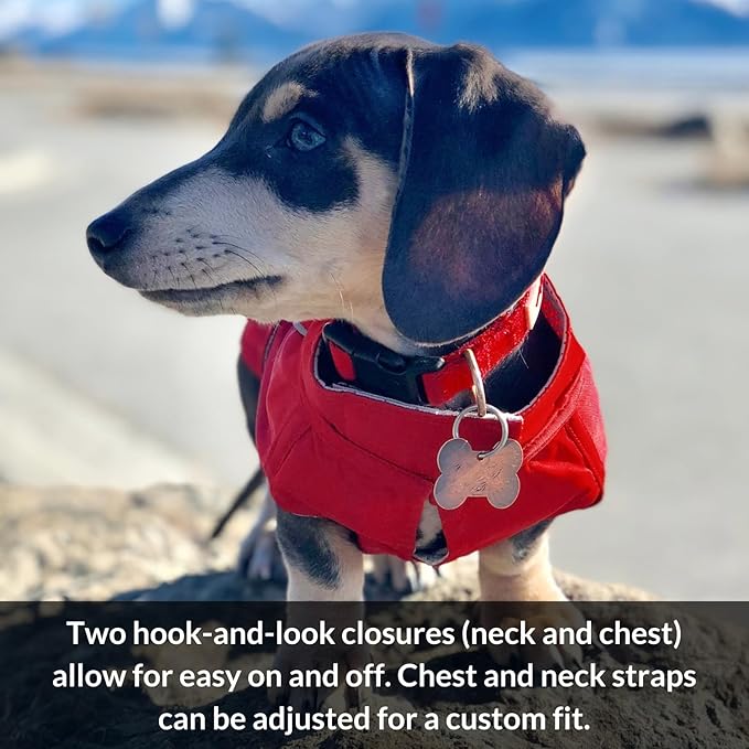 DJANGO Dog Jacket & Raincoat – Lightweight Water-Resistant Coat for Small, Medium & Long Dogs Like Dachshunds – Reflective, Adjustable Fit, Harness-Compatible & Easy-Access Harness Hole - Red, Large
