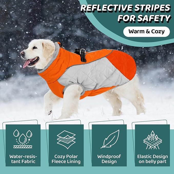 AOFITEE Dog Coat, Dog Winter Coat, Reflective Small Dogs Jacket with Harness Built in and Fleece Lined, Waterproof Pet Winter Jacket Warm Snowsuit for Small Medium Large Dogs, Orange M