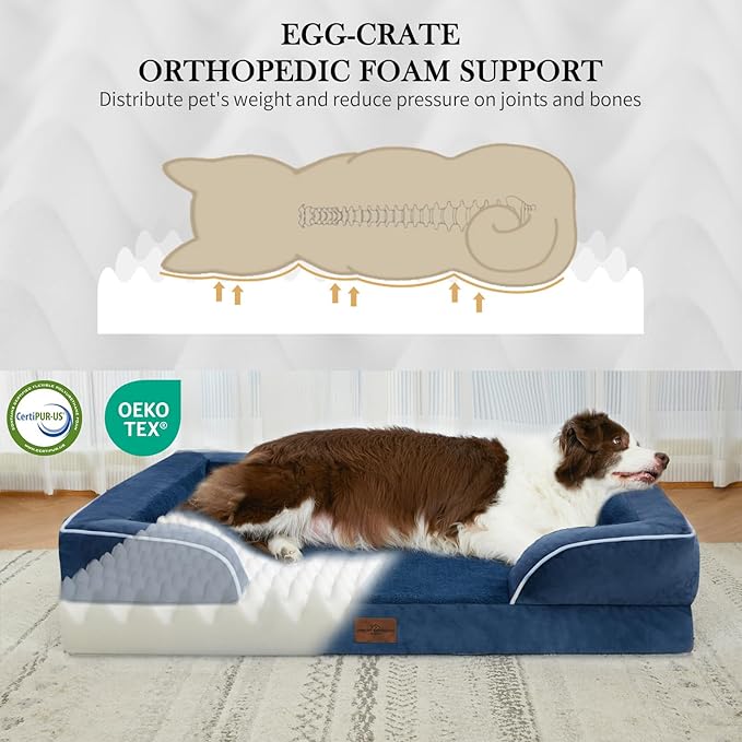Comfort Expression Orthopedic Dog Bed for Extra Large Dogs 42x30 Inch, Waterproof Egg Crate Foam XL Pet Bed with Removable Bolsters, Dog Couch with Washable Cover & Non-Slip Bottom, Navy Blue