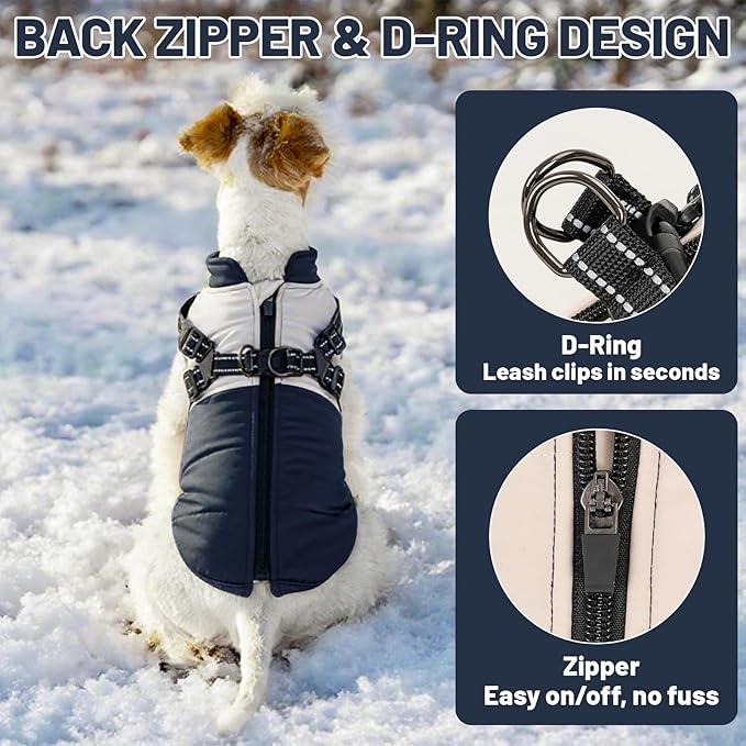 Dog Winter Coat for Small & Medium Dogs (Up to 31lb), Waterproof Dog Coat with Harness, Puppies Windproof Puppy Puffer Jacket, Snowsuit for Dachshund,Frenchie,Corgi (Classic Blue, 2XLarge)
