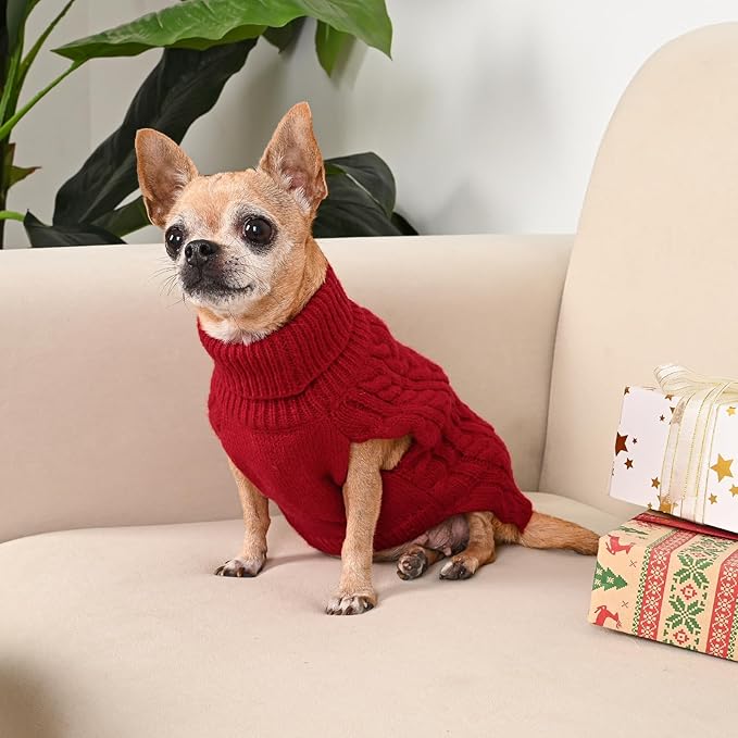 2 Pack Dog Sweaters for Small Dogs Turtleneck Pullover Cable Knit Puppy Stretch Clothes Chihuahua Yorkie Pomeranian Toy Poodle Boy Girl Pets Winter Doggie Clothes (S, Red & Brown)