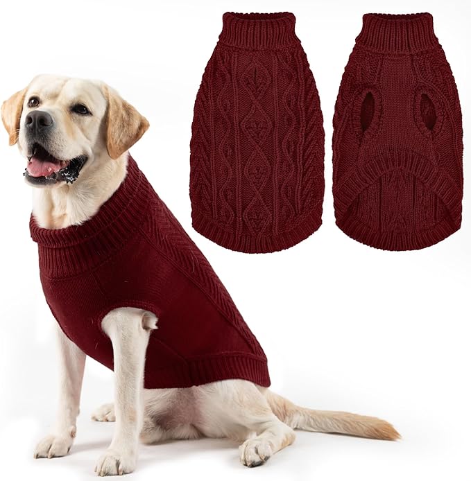 PUPTECK Dog Sweater, Turtleneck Warm Knitted Pullover Coat, Thick Cable Knitwear Clothes in Winter, Pet Apparel Outfits for Large Dogs, for Cold Weather Indoor & Outdoor, Deep Red L