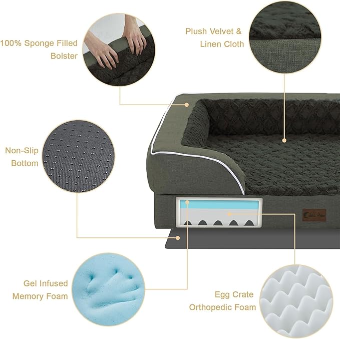Orthopedic XXL Dog Beds, Waterproof Memory Foam Big Pet Bed for Extra Large Sized Dogs 53x42Inch, Non-Slip Bottom and Egg-Crate Foam Dog Couch Bed with Washable Removable Cover, Dark Green