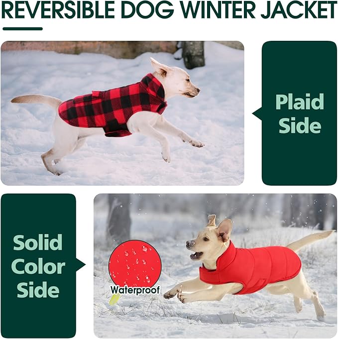 Kuoser Dog Winter Coat, Windproof Dog Fleece Jacket British Style Plaid Cold Weather Doggie Vest Coats, Reversible Cozy Warm Pet Clothes Apparel for Extra Large Size Dogs XXXL