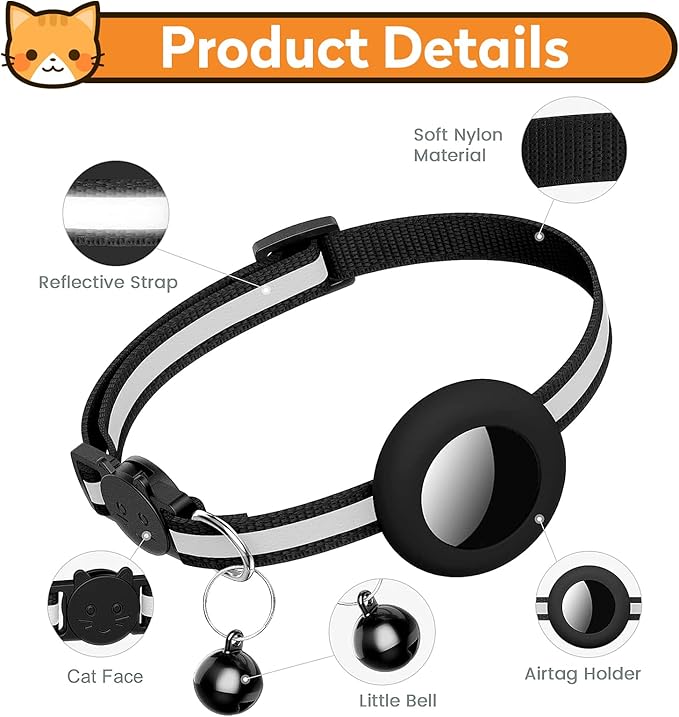 2 Pack Airtag Cat Collar with Bell, Reflective Nylon Kitten Collar with Apple Air Tag Holder and Breakaway Safety Buckle for Puppy Girl Boy Cats, 3/8" in Width and Lightweight, Black