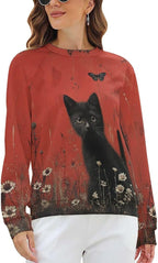 Long Sleeve Shirts for Women Cat Oil Painting Shirt 3D Graphic Sweatshirts Fall Pullover Crewneck Vintage Boho Tops