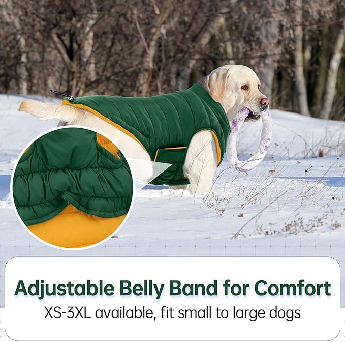 Lelepet Reversible Dog Coat Waterproof Dog Jacket Windproof Puffer Vest for Winter Warm Lightweight Coats for Medium Dogs Adjustbale Hook & Loop Pet Apparel with Leash Hole, French Bulldog, Green L