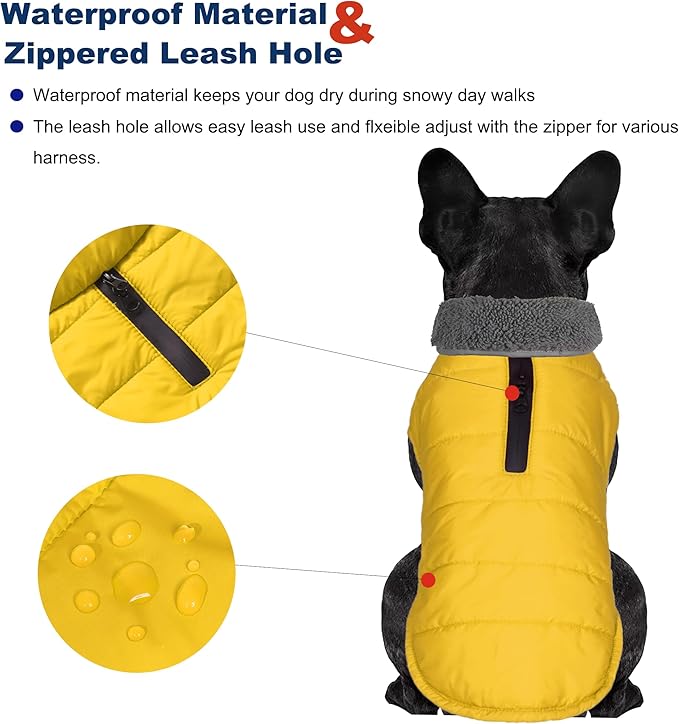 Dog Winter Coat, Waterproof Dog Jacket with Leash Hole, Reflective Adjustable Pet Snow Vest, Warm Fleece Sweater for Small Medium Large Dogs - Yellow, S
