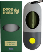 Dog Poop Bag Holder with Flashlight - Waste Bag Dispenser for Night Walks - Durable, Portable with Leash Clip & Carabiner - Includes 15 Dog Poop Bags - Gray