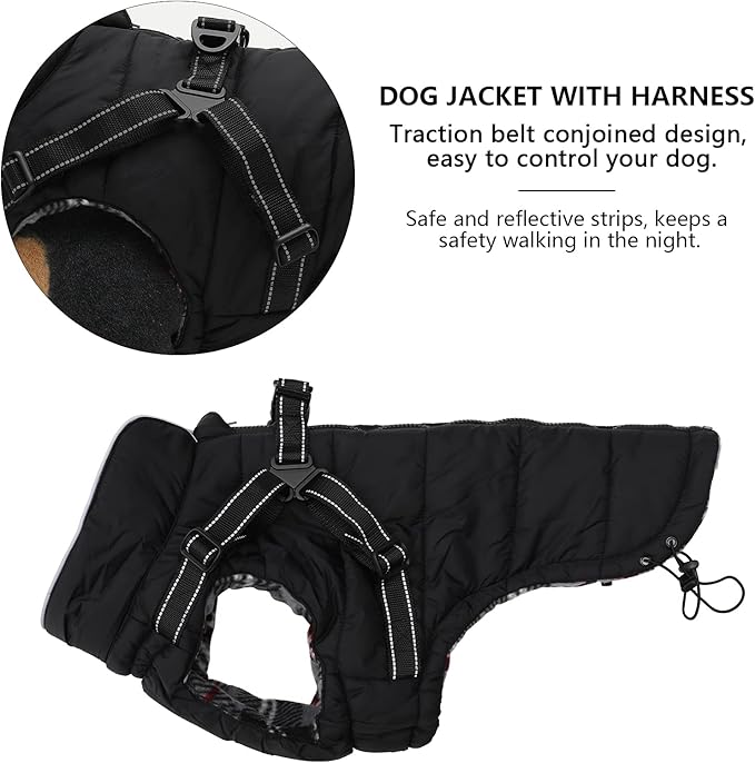 Geyecete Warm Waterproof Winter Dog Coat With Harness Traction Belt - Pet Outdoor Jacket for Autumn and Winter - Medium, Small Dogs - Black-M