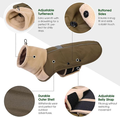 ASENKU Dog Coat, Dog Winter Jackets with Fleece Turtleneck, Windproof, Reflective Pet Snow Jacket Doggie Vest for Cold Weather, Coats for Medium Dogs, Army Green, M